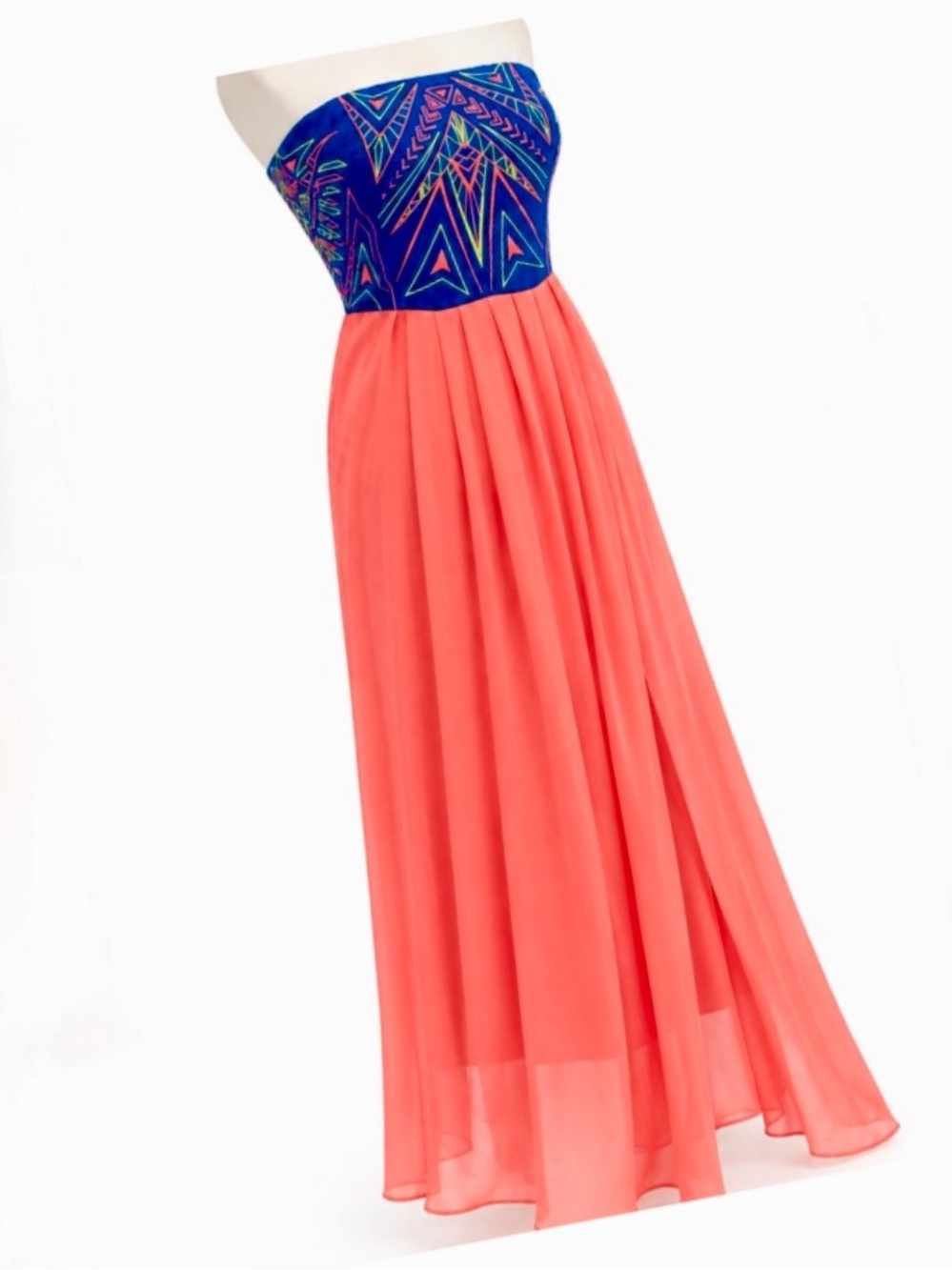 Jealous Tomato Coral Maxi with Navy Patterned Strapless Bodice